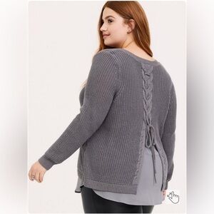 Torrid Gray Knit Sweater with Lace-Up Back